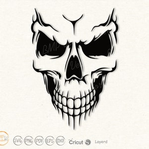 May include: Black and white illustration of a skull with a menacing grin. The skull has a detailed design with sharp edges and a prominent brow.