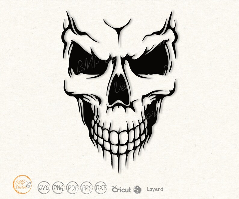 May include: Black and white illustration of a skull with a menacing grin. The skull has a detailed design with sharp edges and a prominent brow.