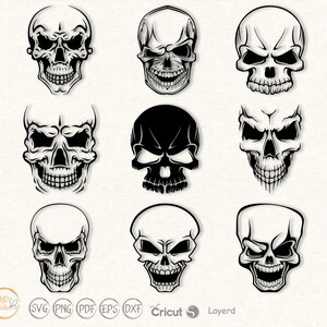 May include: Set of nine black and white skull illustrations. Each skull has a different expression, including smiling, frowning, and winking.