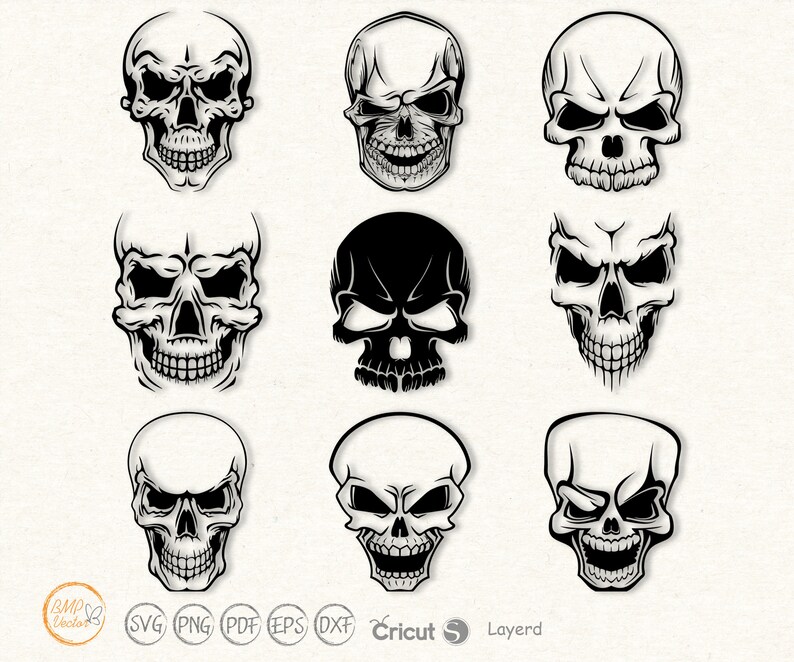 May include: Set of nine black and white skull illustrations. Each skull has a different expression, including smiling, frowning, and winking.
