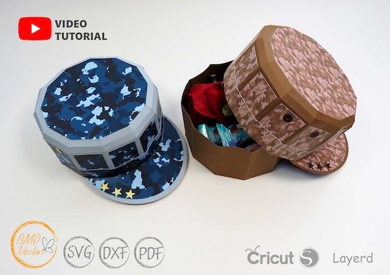 3D Military Hat Gift Box SVG Template