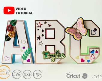 Letras del alfabeto 3D A-Z 0-9 Plantilla troquelada SVG, letras 3D para Cricut, Silhouette Cameo, máquina de corte por láser