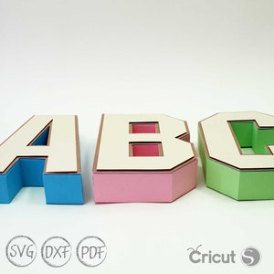 以下が含まれることがあります： 白地に茶色の輪郭線で「ABC」と綴られた3次元のペーパークラフト文字。文字は重ねられており、青、ピンク、緑の異なる色のベースがあります。
