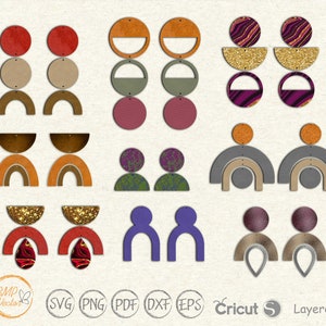 Könnte beinhalten: Ein Set mit 10 verschiedenen Ohrring-Designs in verschiedenen Farben und Mustern. Die Designs umfassen geometrische Formen, Wirbel und abstrakte Muster. Die Ohrringe sind aus Leder gefertigt und eignen sich zum Basteln.