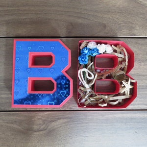 Puede incluir: Dos letras de cart&oacute;n rojo y azul, B y B, con un patr&oacute;n de corazones azul y blanco. La B de la derecha est&aacute; llena de virutas de papel marr&oacute;n, flores azules y blancas y una estrella de mar blanca.