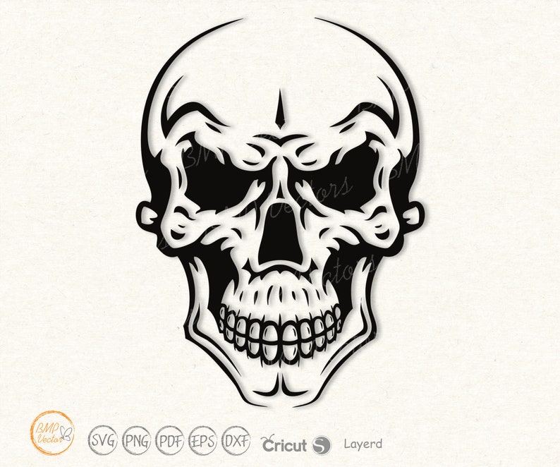 May include: Black and white illustration of a skull with a detailed design. The skull has a wide open mouth with teeth showing.