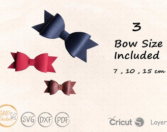 May include: Three leather bow templates in red, brown, and blue. The templates are available in three sizes: 7, 10, and 15 cm. The image includes the text "3 Bow Size Included 7, 10, 15 cm".