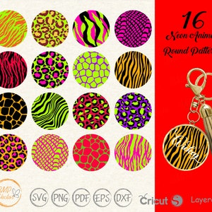 May include: 16 neon animal print round patterns. The patterns include zebra, leopard, snake, and giraffe prints. The patterns are in bright colours like pink, green, yellow, and black.