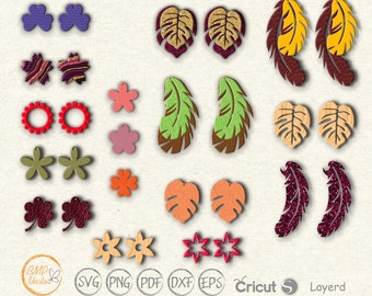 Pendientes svg archivo cortado, Plantilla de pendientes de plumas y flores svg, Pendientes de cuero dxf, Pendientes de arcilla Archivos de corte de silueta, Pendientes Cricut