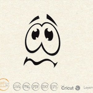 May include: Black and white line art illustration of a cartoon face with wide eyes and a worried expression.