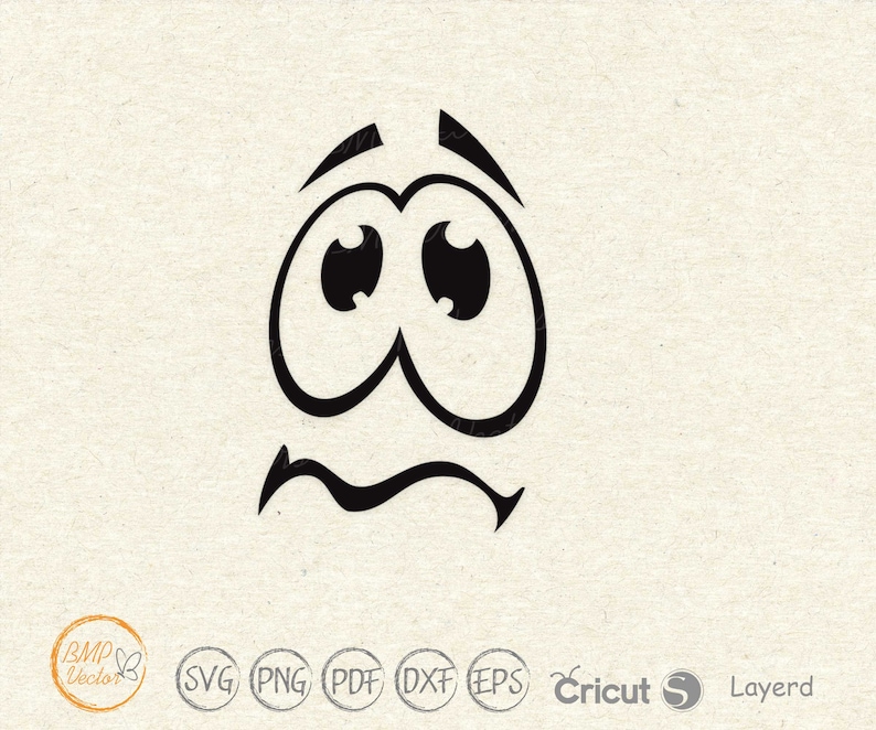 May include: Black and white line art illustration of a cartoon face with wide eyes and a worried expression.
