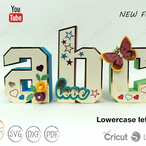 Letras do alfabeto 3D a-z minúsculas molde de corte SVG, letras 3D para Cricut, Silhouette Cameo, máquina de corte a laser