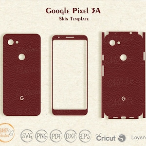 Könnte beinhalten: Eine Vorlage für eine Google Pixel 3A Handy-Haut. Die Vorlage wird in drei Teilen gezeigt: Vorderseite, Rückseite und Seite. Die Vorlage ist dunkelrot mit einer Lederstruktur.