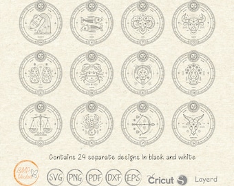 Puede incluir: Un conjunto de 12 signos del zodíaco en blanco y negro, cada uno en un círculo con un símbolo de sol y luna. Los signos son Acuario, Piscis, Aries, Tauro, Géminis, Cáncer, Leo, Virgo, Libra, Escorpio, Sagitario y Capricornio.