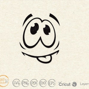 May include: Black and white cartoon illustration of a face with big eyes and a tongue sticking out.