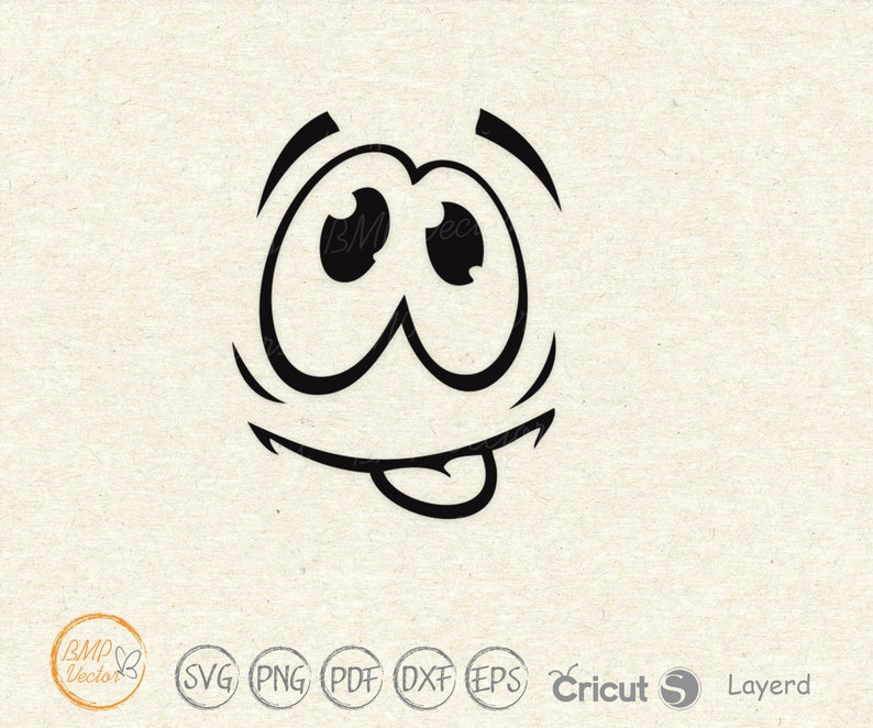 May include: Black and white cartoon illustration of a face with big eyes and a tongue sticking out.