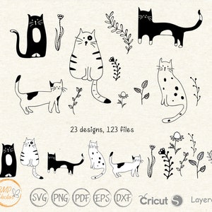Katzen mit wilden Blumen svg, Doodle Katze svg, Kitty svg, handgezeichnete süße Katze svg, Cartoon Katze svg, Doodle Shirt Design, Cricut svg