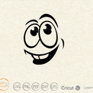 May include: Black and white cartoon illustration of a face with wide eyes and a mischievous smile.