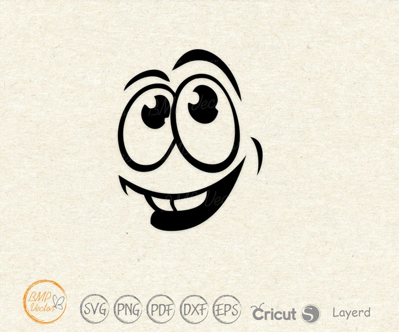 May include: Black and white cartoon illustration of a face with wide eyes and a mischievous smile.