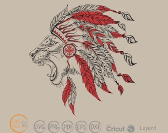 Traditioneller Kopfschmuck Indian Lion svg, Indianer Feder svg, Indianer Kopfschmuck svg, Indianer Kopf svg, Löwe Kopfschmuck, Shirt Design svg