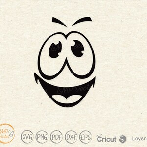 May include: Black and white cartoon illustration of a face with wide eyes and a big smile.