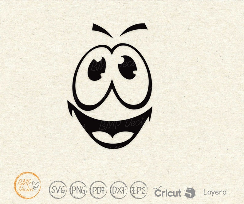 May include: Black and white cartoon illustration of a face with wide eyes and a big smile.