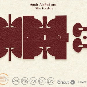 May include: A template for creating a custom skin for Apple AirPods Pro. The template includes the case and the two earbud covers. The template is in a maroon colour.