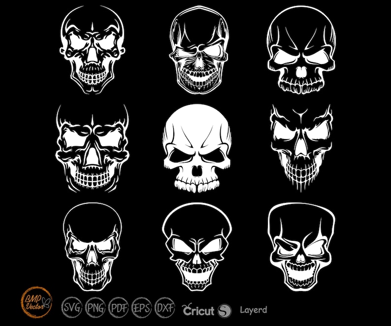 May include: Nine black and white skull illustrations with different facial expressions. The skulls are all facing forward and have a simple, stylized design.