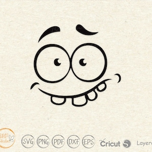 May include: Black and white cartoon face with large eyes, a wide smile, and a single tooth sticking out.