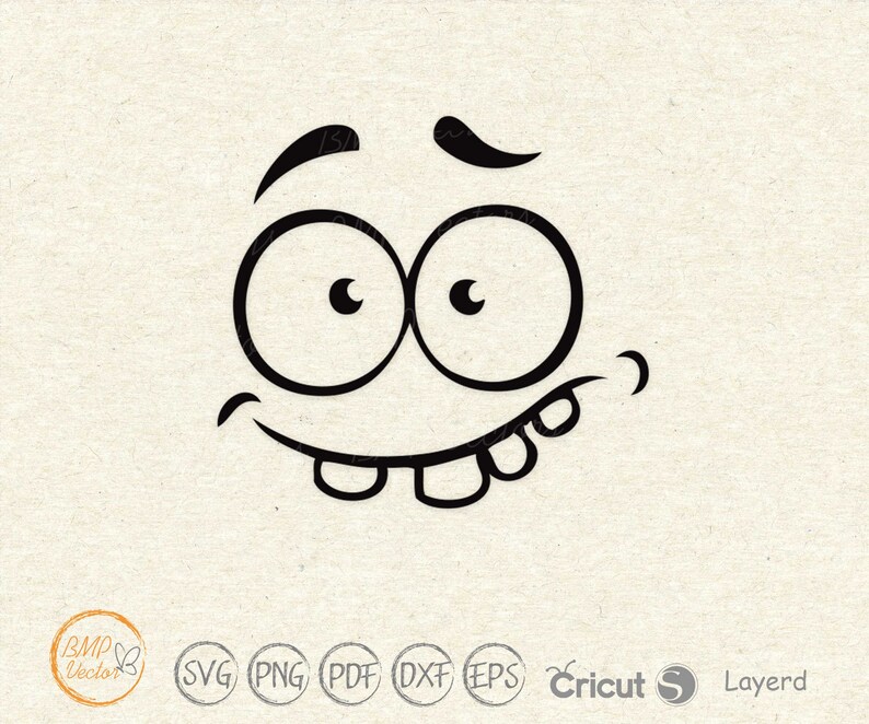 May include: Black and white cartoon face with large eyes, a wide smile, and a single tooth sticking out.