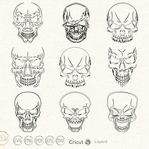 May include: Nine black and white line art skull designs. Each skull has a different expression, including smiling, frowning, and neutral.