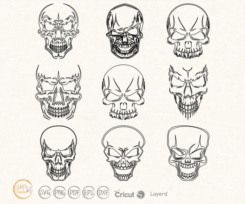May include: Nine black and white line art skull designs. Each skull has a different expression, including smiling, frowning, and neutral.