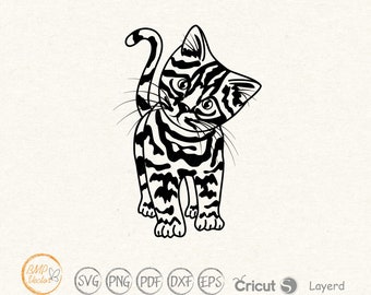 Randig kattunge SVG, kattklippfil för Cricut, silhuett (digital nedladdning)