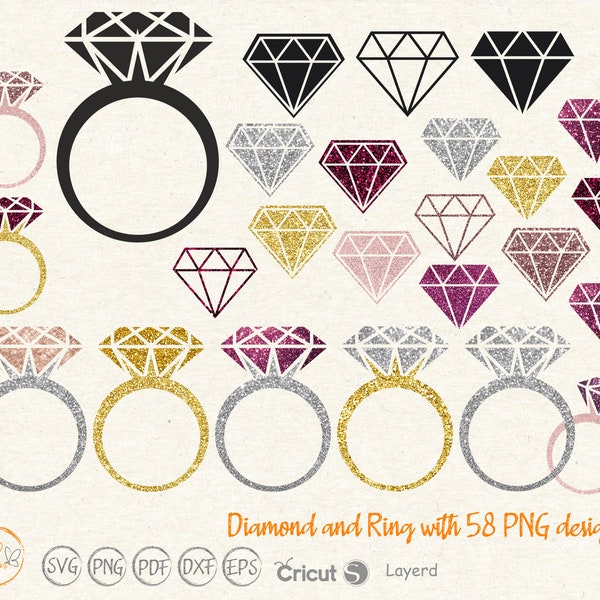 Ring SVG cut file, Ring and Diamond svg with Glitter patterns for Wedding card design, Engagement party clipart, Gold ring diamond png