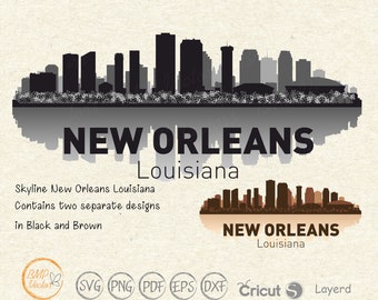 May include: Black and brown silhouette skyline of New Orleans, Louisiana. The skyline is reflected in the water below. The text "NEW ORLEANS" is written below the skyline in both black and brown.