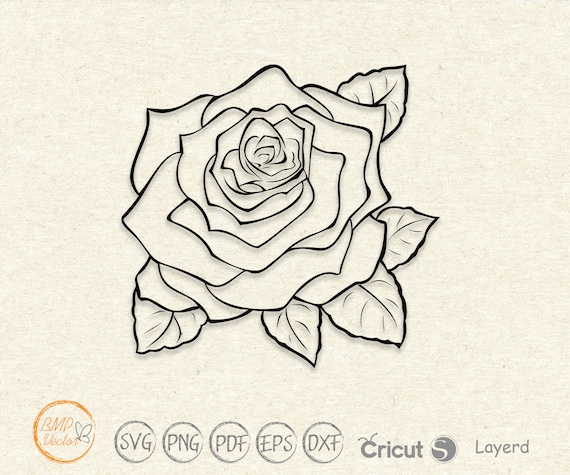 Red Rose SVG, Outlined Rose Svg, Red Flower Svg. Vector Cut file For  Silhouette, Cricut, Pdf Eps Png Dxf, Stencil, Decal, Pin, Sticker.