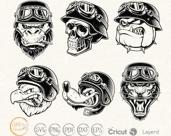 May include: Six black and white illustrations of different animal heads wearing motorcycle helmets with goggles. The animals include a gorilla, a skull, a bulldog, a bird, a wolf, and a panther.