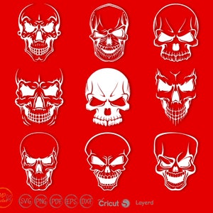 May include: Set of nine white skull silhouettes on a red background. The skulls have different facial expressions and details.