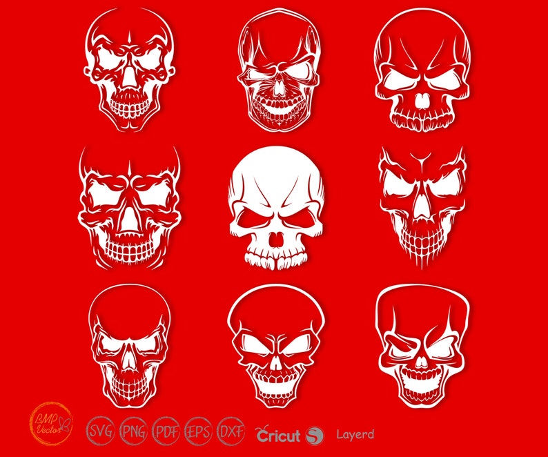 May include: Set of nine white skull silhouettes on a red background. The skulls have different facial expressions and details.