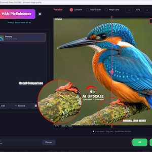 May include: A software interface titled HAN PixEnhancer displaying a kingfisher bird with bright blue and orange feathers perched on a mossy branch. The screen shows a detail comparison circle, 4x AI upscale text, and various control buttons.