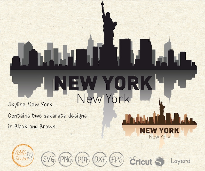 Może przedstawiać: Czarno-brązowa sylwetka panoramy Nowego Jorku ze Statuą Wolności odbijającą się w wodzie. Pod panoramą widnieje napis "NEW YORK". Pod panoramą widnieje napis "Skyline New York" oraz "Zawiera dwa oddzielne projekty w kolorze czarnym i brązowym". Pod panoramą widnieje napis "NEW YORK". Pod panoramą widnieje napis "New York". Pod panoramą widnieje napis "BMP Vector, SVG, PNG, PDF, DXF, EPS, Cricut, Layerd".