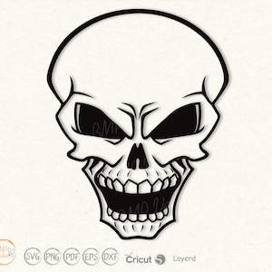 May include: A black and white illustration of a cartoon skull with a wide, toothy grin. The skull has a large, round head and small, dark eyes.