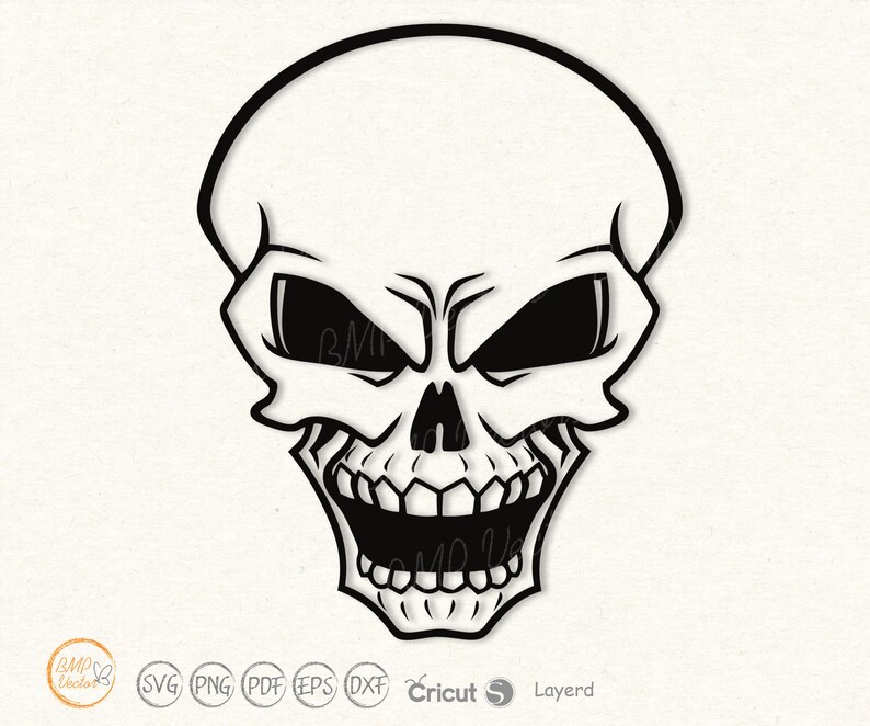 May include: A black and white illustration of a cartoon skull with a wide, toothy grin. The skull has a large, round head and small, dark eyes.