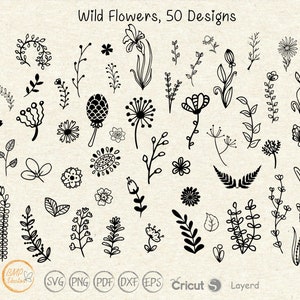 Wildflowers SVG: 50 Hand-Drawn Floral Designs (Digital Download)