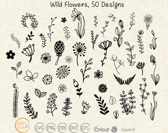 Wildflowers SVG: 50 Hand-Drawn Floral Designs (Digital Download)