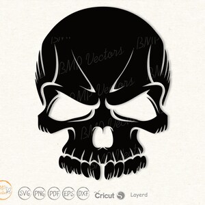 May include: Black and white silhouette of a skull with detailed features. The skull is stylized with a tribal design.