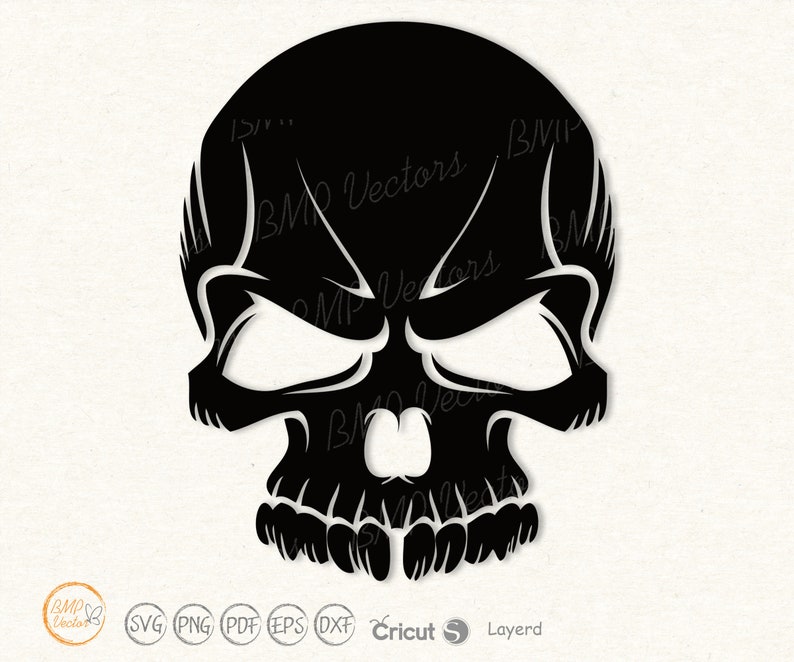 May include: Black and white silhouette of a skull with detailed features. The skull is stylized with a tribal design.