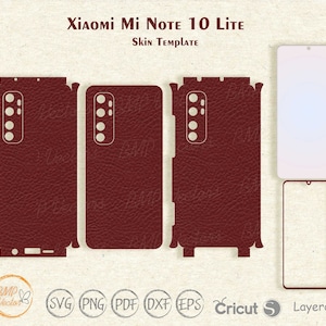May include: A skin template for the Xiaomi Mi Note 10 Lite smartphone. The template is shown in three parts: the front, the back, and the camera cutout. The template is a dark red color and has a leather texture.