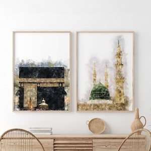 Set of 2 Islamic Wall Art - Kaaba Mecca - Masjid an-Nabawi Medinah - Islamic Poster Print - Islamic Home Decor, Digital Watercolor Painting