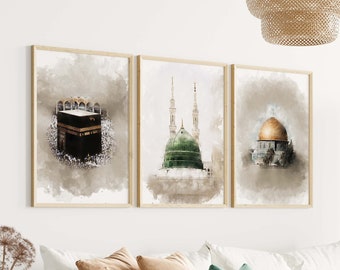 May include: Three watercolour paintings of Islamic architecture. The first painting shows the Kaaba in Mecca, the second shows the Green Dome Mosque in Medina, and the third shows the Dome of the Rock in Jerusalem.